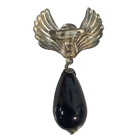 Vintage 3" Silver Tone Wings, Flower with Black Dangle Bead Brooch - Picture 4 of 5